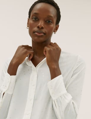 

Womens M&S Collection Langarmbluse mit Kragen und Folienmuster - Ivory Mix, Ivory Mix
