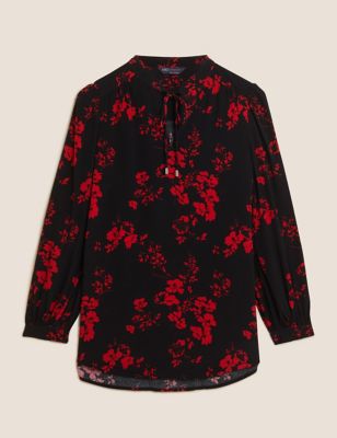 M&S Womens Floral Tie Neck Long Sleeve Popover Blouse