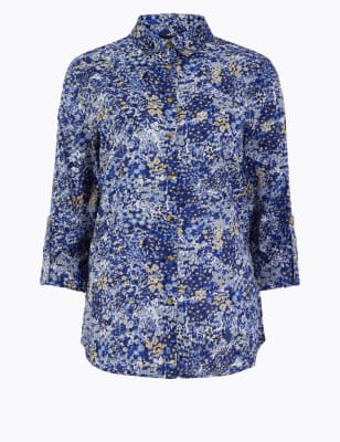 Puur katoenen overhemd met ruime pasvorm, 3/4-mouwen en bloemmotief