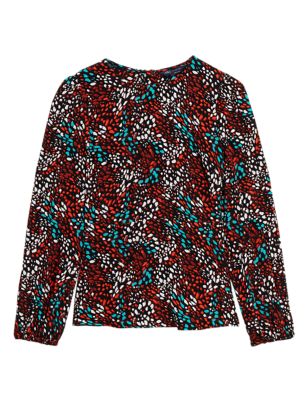 M&S Womens Printed Round Neck Puff Sleeve Top