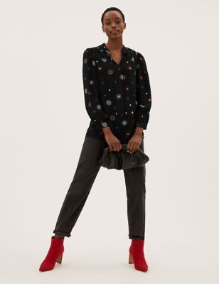 M&S Womens Star Print Tie Neck Popover Blouse