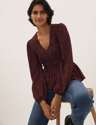 

M&S Collection Top péplum fruncido estampado de escote en picoWomens - Red Mix, Red Mix