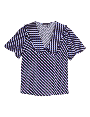 

Womens M&S Collection Kariertes Kurzarmoberteil mit V-Ausschnitt und Kragen - Blue Mix, Blue Mix