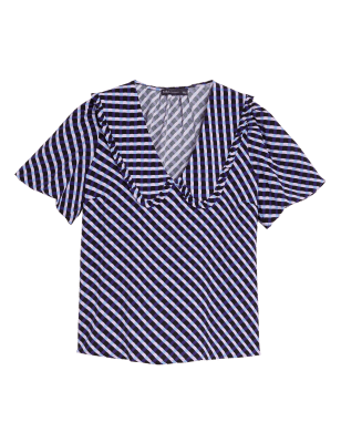 

Womens M&S Collection Checked Collared V-Neck Short Sleeve Top - Blue Mix, Blue Mix