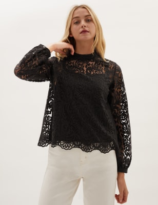 Black Lace High Neck Long Sleeve Top