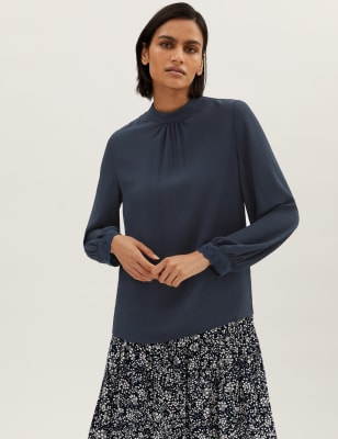 

M&S Collection Top de manga larga con bordado con cuello altoWomens - Navy, Navy