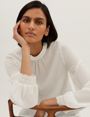 

Womens M&S Collection Langarmoberteil mit hohem Ausschnitt und Stickerei - Ivory, Ivory