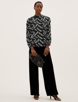 

Womens M&S Collection Gemustertes Langarmoberteil mit hohem Ausschnitt - Black Mix, Black Mix