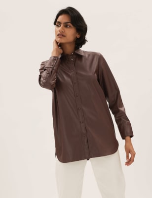 

Womens M&S Collection Faux Leather Collared Long Sleeve Shirt - Raisin, Raisin