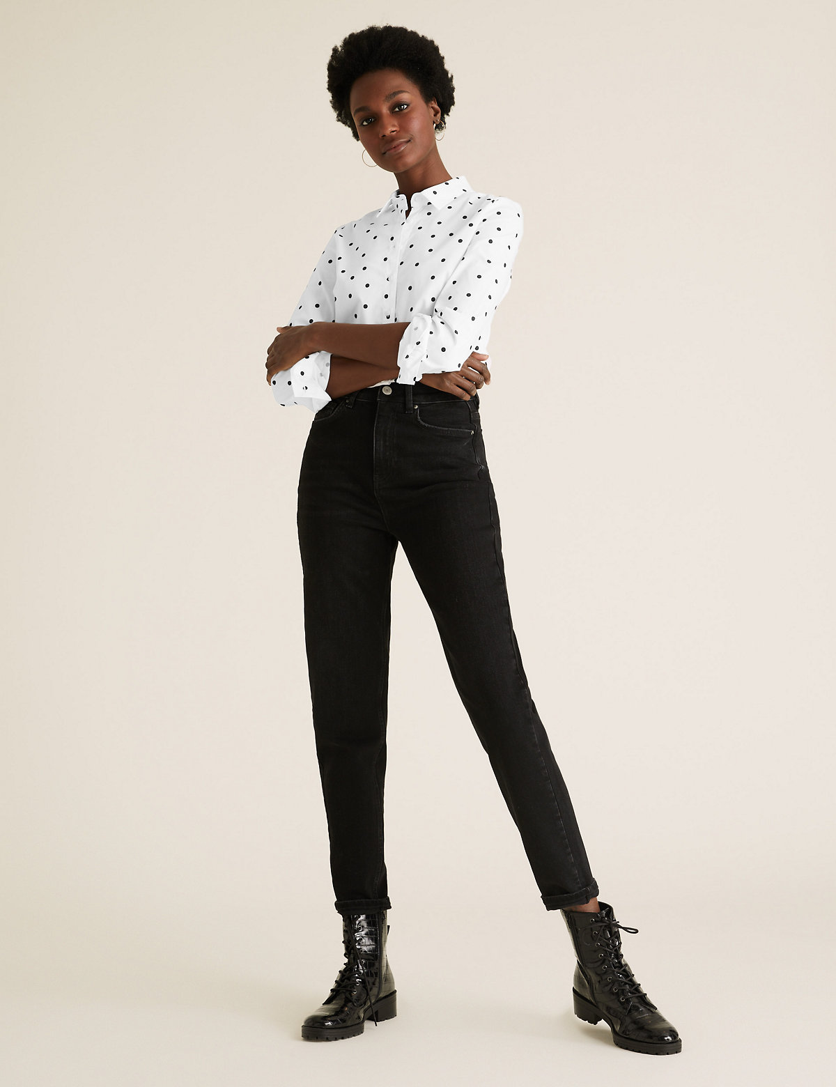 Cotton Polka Dot Fitted Long Sleeve Shirt