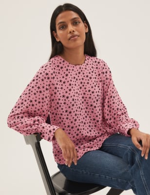 

Womens M&S Collection Star Print Round Neck Long Sleeve Blouse - Pink Mix, Pink Mix