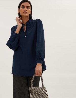 

Womens M&S Collection Tie Neck Long Sleeve Popover Blouse - Navy, Navy