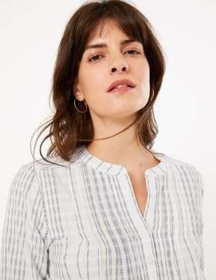 Katoenen popover-blouse met lange mouwen en strepen