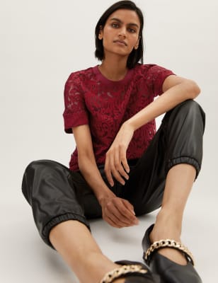 

Womens M&S Collection Lace Round Neck Short Sleeve Top - Deep Red, Deep Red