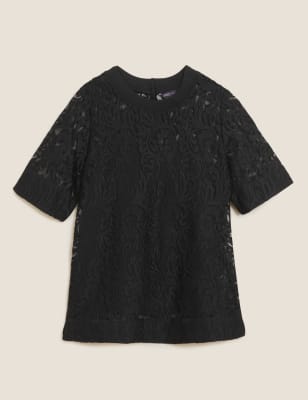 

Womens M&S Collection Kurzarmoberteil mit Rundhalsausschnitt und Spitze - Black, Black