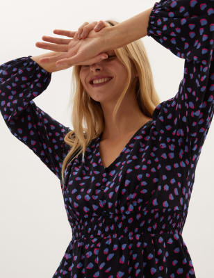 

M&S Collection Top estampado de manga larga fruncidoWomens - Black Mix, Black Mix