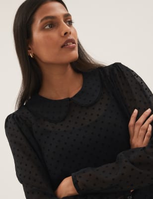 

Womens M&S Collection Polka Dot Collared Long Sleeve Blouse - Black, Black