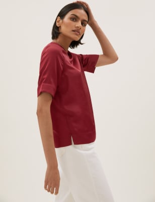 

Womens M&S Collection Kurzarm-Oberteil aus Satin mit Rundhalsausschnitt - Deep Red, Deep Red