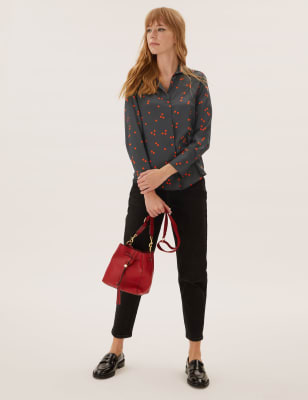 

Womens M&S Collection Popover-Bluse mit Punktmuster und Kragen - Black Mix, Black Mix