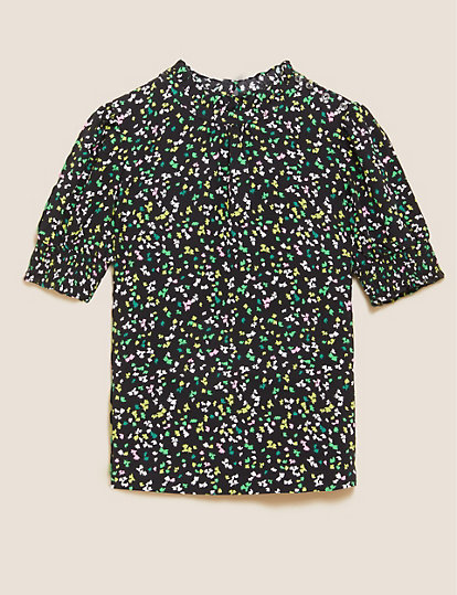 Ditsy Floral High Neck Short Sleeve Top
