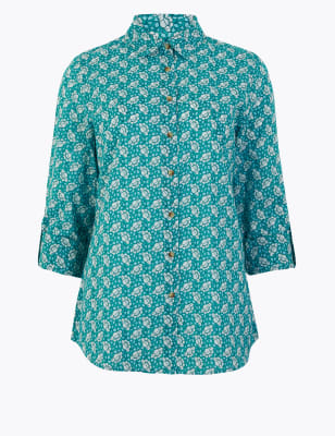 Puur katoenen overhemd met ruime pasvorm, 3/4-mouwen en bloemmotief