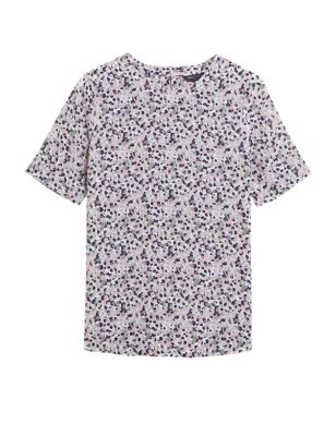 Womens M&S Collection Printed Textured Short Sleeve Top - Ivory Mix, Ivory Mix