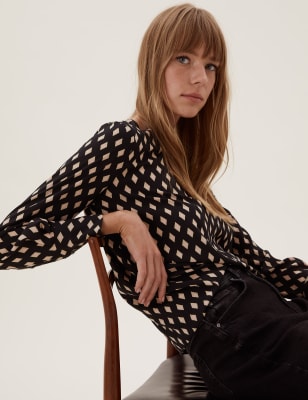 

Womens M&S Collection Geometric Long Sleeve Top - Black Mix, Black Mix