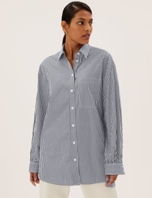 

Womens M&S Collection Pure Cotton Striped Oversized Girlfriend Style Shirt - Black Mix, Black Mix