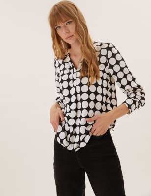 

Womens M&S Collection Polka Dot Long Sleeve Popover Blouse - Black Mix, Black Mix