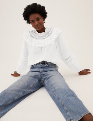 

Womens M&S Collection Pure Cotton Frill Neck Long Sleeve Top - Ivory, Ivory