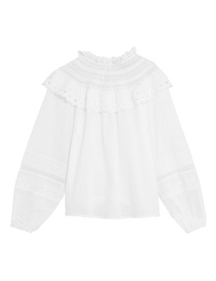 

Womens M&S Collection Pure Cotton Frill Neck Long Sleeve Top - Ivory, Ivory