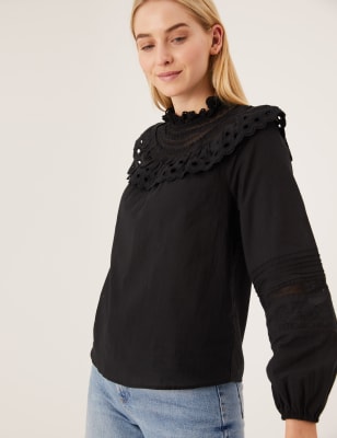 

Womens M&S Collection Pure Cotton Frill Neck Long Sleeve Top - Black, Black