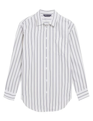 

M&S Collection Camisa maxi de rayas 100% algodón estilo GirlfriendWomens - White Mix, White Mix