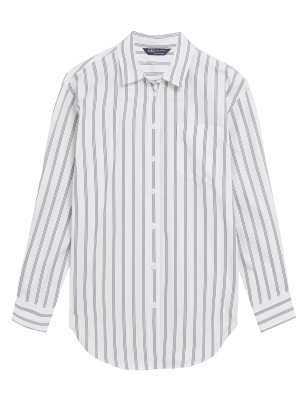 

Womens M&S Collection Pure Cotton Striped Oversized Girlfriend Style Shirt - White Mix, White Mix