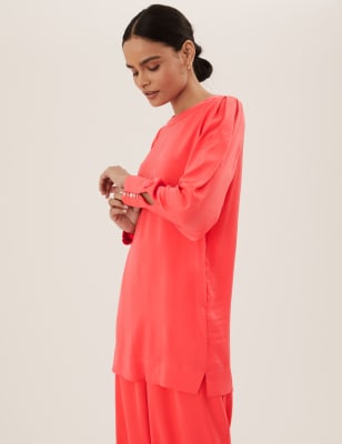 

Womens M&S Collection Lang geschnittenes Oberteil mit Engelsärmeln und Rundhalsausschnitt - Bright Coral, Bright Coral