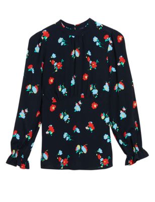 M&S Womens Floral Waisted Long Sleeve Blouse