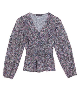M&S Womens Floral V-Neck Shirred Long Sleeve Top