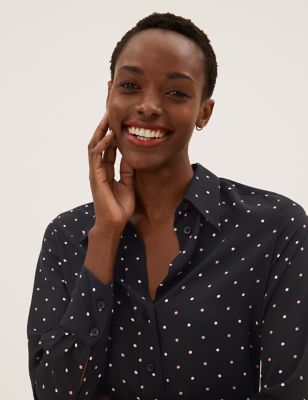 

Womens M&S Collection Polka Dot Collared Long Sleeve Blouse - Black Mix, Black Mix