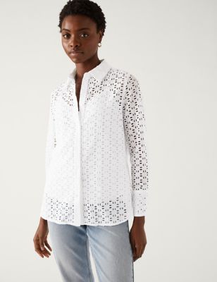

Womens M&S Collection Pure Cotton Broderie Collared Shirt - Soft White, Soft White