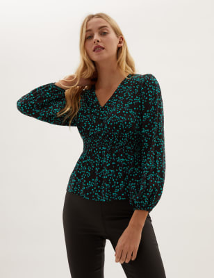 

Womens M&S Collection Floral V-Neck Shirred Long Sleeve Top - Green Mix, Green Mix