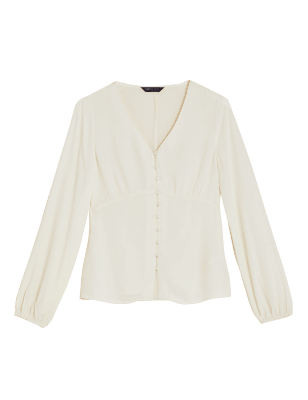 

Womens M&S Collection Langarmbluse mit Knopfdetail und V-Ausschnitt - Ivory, Ivory