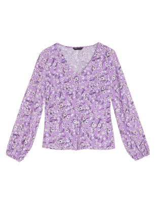 

Womens M&S Collection Taillierte Langarmbluse mit V-Ausschnitt und Blumenmuster - Lilac Mix, Lilac Mix
