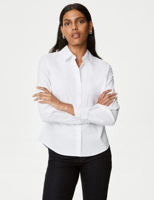 M&S Womens Cotton Rich Fitted Collared Shirt - 8 - White, White,Black