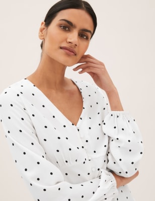 New Navy Polka Stretchy V Neck Blouse