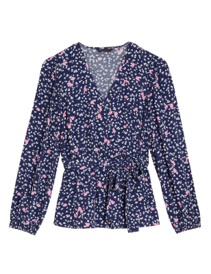 

Womens M&S Collection Floral V-Neck Long Sleeve Wrap Top - Navy Mix, Navy Mix