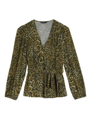 Womens M&S Collection Animal Print V-Neck Long Sleeve Wrap Top - Green Mix