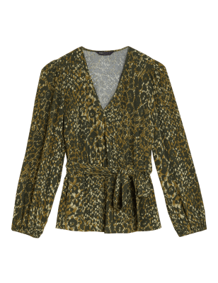 

Womens M&S Collection Langarm-Wickeloberteil mit V-Ausschnitt und Tiermuster - Green Mix, Green Mix