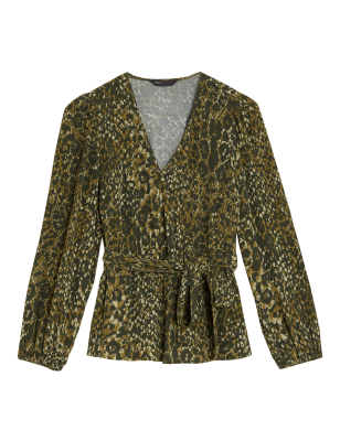 Womens M&S Collection Animal Print V-Neck Long Sleeve Wrap Top - Green Mix