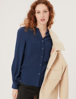 

Womens M&S Collection Gathered Cuff Long Sleeve Pocket Shirt - Navy, Navy