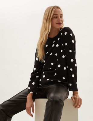 

Womens M&S Collection Polka Dot Round Neck Puff Sleeve Top - Black Mix, Black Mix